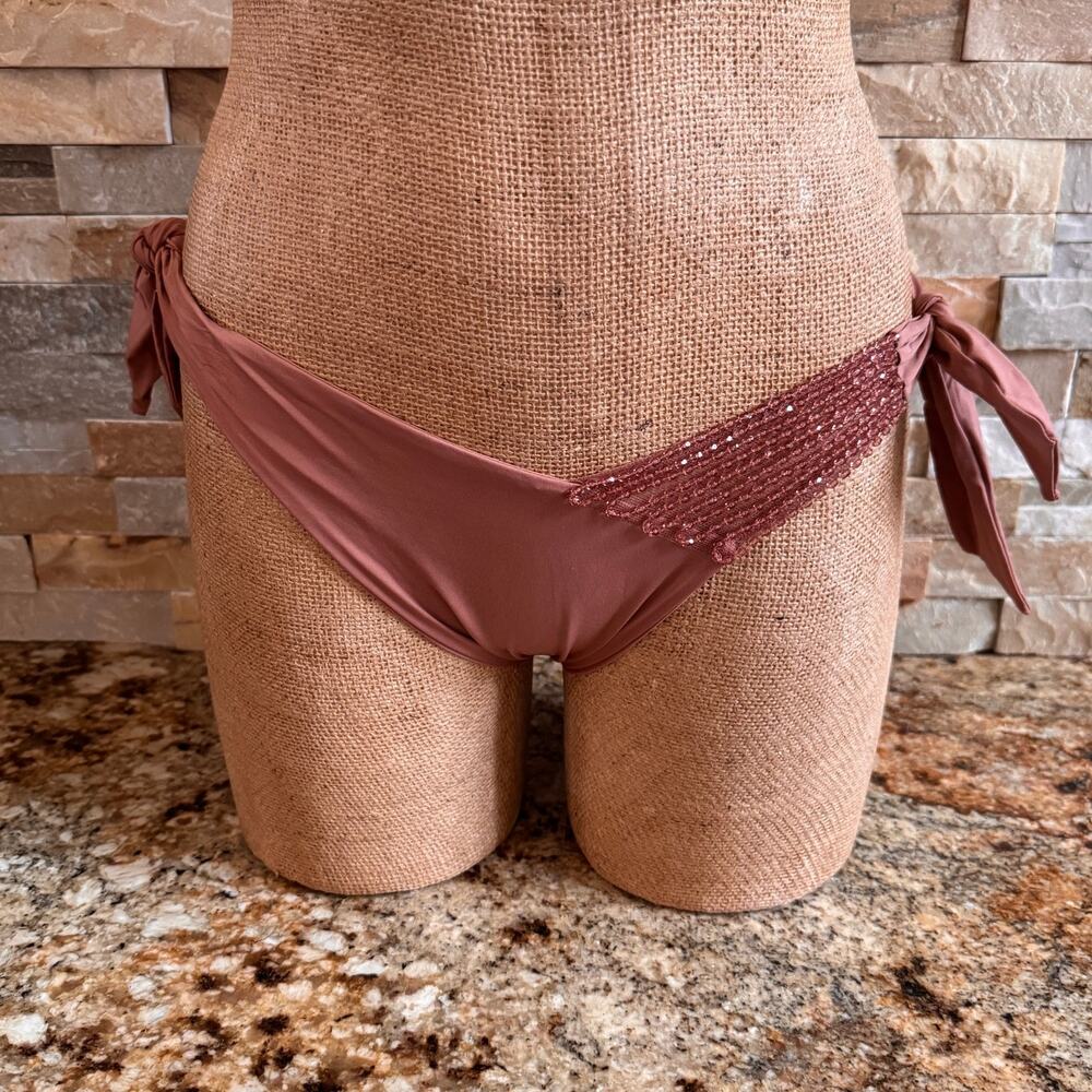 LA PERLA Glimmering Soutache Beaded Tie Bikini Bottom NWOT Size 6 Brown